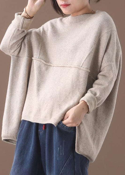 Fashion beige o neck knitted clothes oversize Batwing Sleeve knit sweat tops asymmetric hem - SooLinen