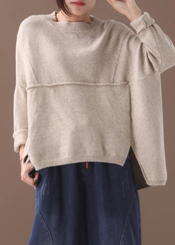 Fashion beige o neck knitted clothes oversize Batwing Sleeve knit sweat tops asymmetric hem - SooLinen