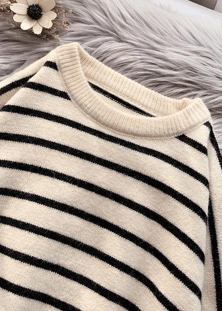 Fashion beige striped sweaters trendy plus size o neck low high design Sweater Blouse - SooLinen