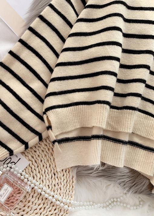 Fashion beige striped sweaters trendy plus size o neck low high design Sweater Blouse - SooLinen