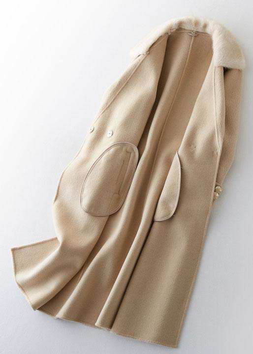 Fashion beige woolen outwear oversized long coats fur collar woolen outwear Notched - SooLinen
