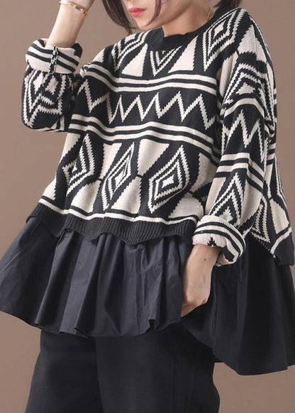 Fashion black Sweater Blouse patchwork plus size Geometry knitted blouse - SooLinen