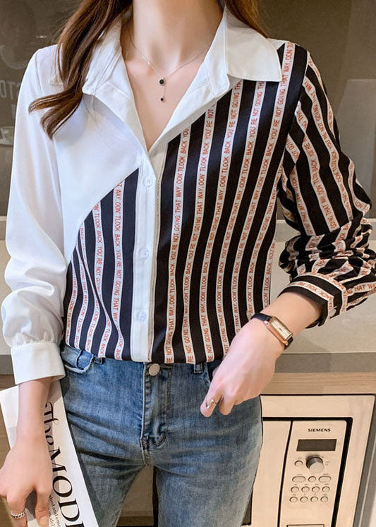 Mode schwarz weiß Peter Pan Kragen Knopf gestreiften Patchwork Chiffon Shirt Tops Langarm