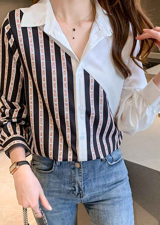 Mode schwarz weiß Peter Pan Kragen Knopf gestreiften Patchwork Chiffon Shirt Tops Langarm
