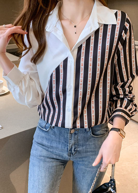 Mode schwarz weiß Peter Pan Kragen Knopf gestreiften Patchwork Chiffon Shirt Tops Langarm