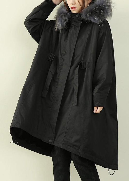 Fashion black fur collar long quilted padded coat women loose coats - SooLinen