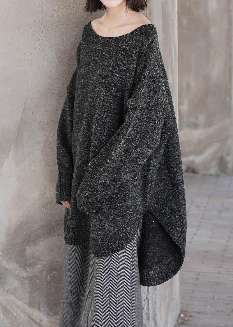 Fashion black knit sweat tops oversized o neck low high design knitted top - SooLinen