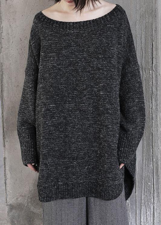 Fashion black knit sweat tops oversized o neck low high design knitted top - SooLinen