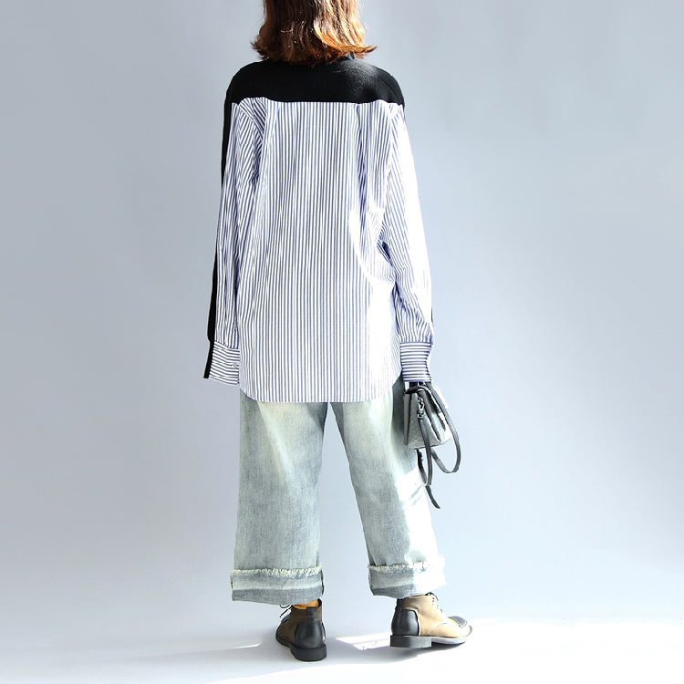 Modischer schwarz gestreifter Patchwork-Pullover aus Baumwolle in Übergröße mit langen Ärmeln
