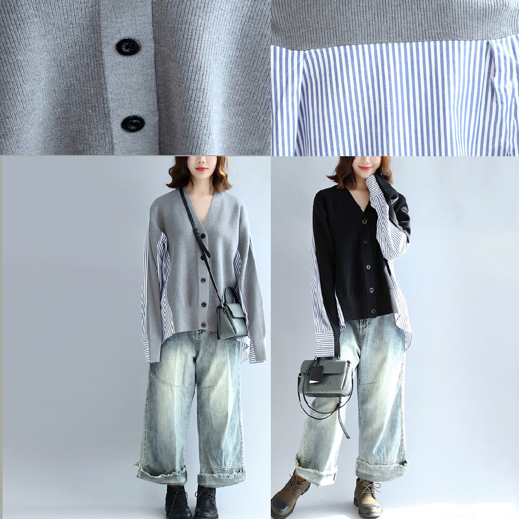 Modischer schwarz gestreifter Patchwork-Pullover aus Baumwolle in Übergröße mit langen Ärmeln