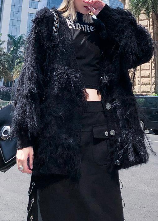 Fashion black sweaters casual v neck Tassel clothes For Women - SooLinen