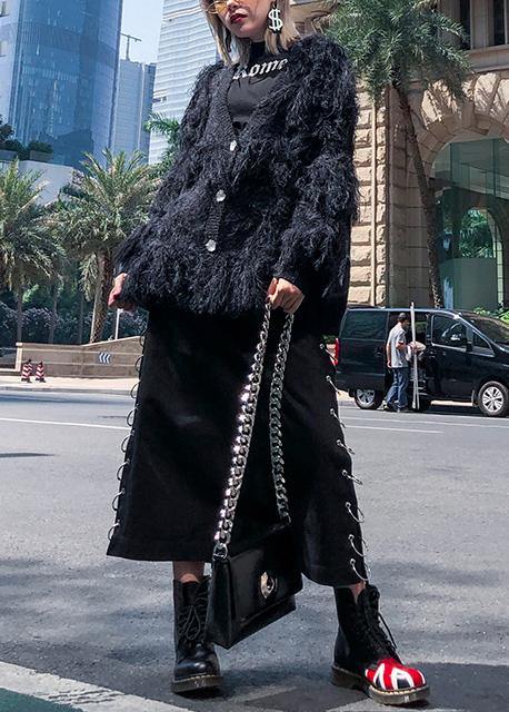 Fashion black sweaters casual v neck Tassel clothes For Women - SooLinen