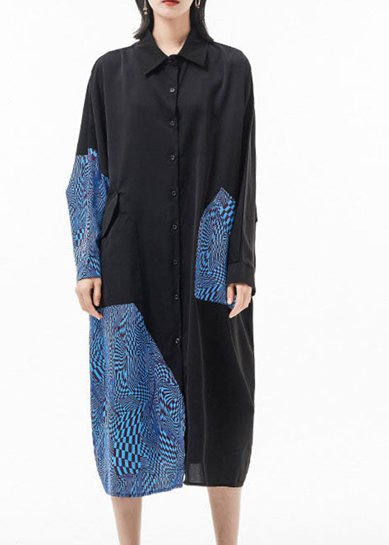 Mode blau Peter Pan Kragen Fledermausärmel Patchwork Seidenhemd Kleider