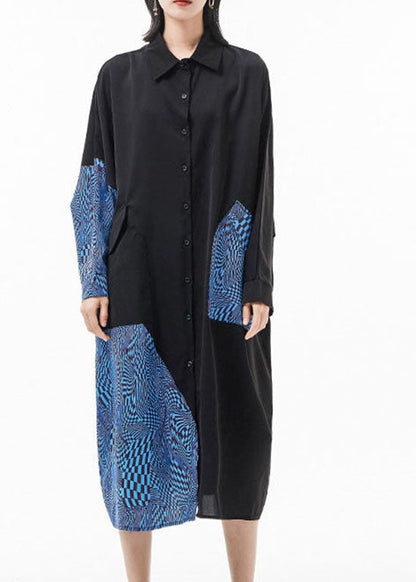 Mode blau Peter Pan Kragen Fledermausärmel Patchwork Seidenhemd Kleider