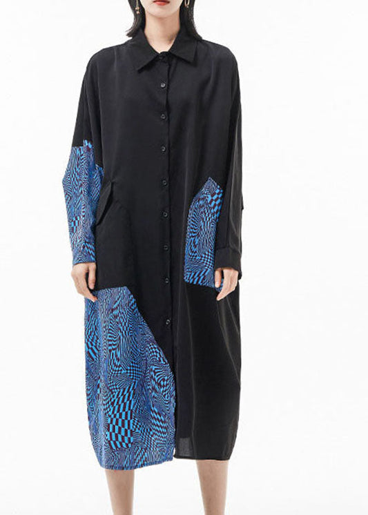 Mode blau Peter Pan Kragen Fledermausärmel Patchwork Seidenhemd Kleider