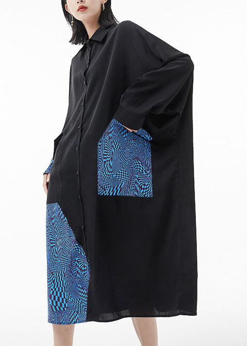 Mode blau Peter Pan Kragen Fledermausärmel Patchwork Seidenhemd Kleider