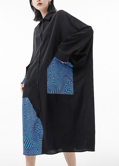 Mode blau Peter Pan Kragen Fledermausärmel Patchwork Seidenhemd Kleider