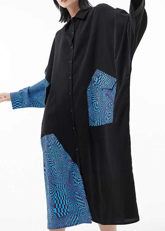 Mode blau Peter Pan Kragen Fledermausärmel Patchwork Seidenhemd Kleider