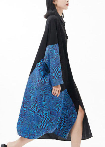 Mode blau Peter Pan Kragen Fledermausärmel Patchwork Seidenhemd Kleider