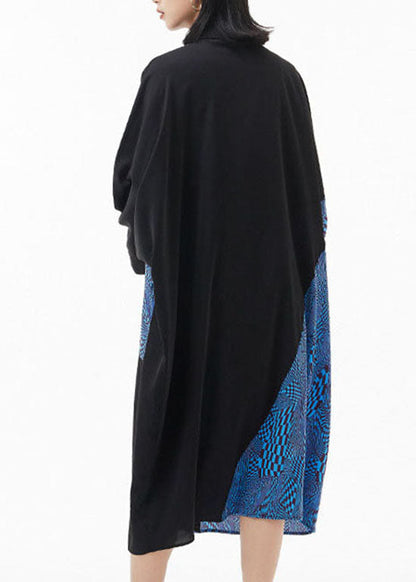 Mode blau Peter Pan Kragen Fledermausärmel Patchwork Seidenhemd Kleider