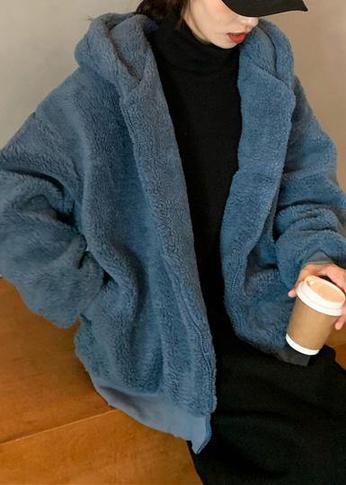 Fashion blue woolen overcoat Loose fitting mid-length coats hooded winter outwear - SooLinen