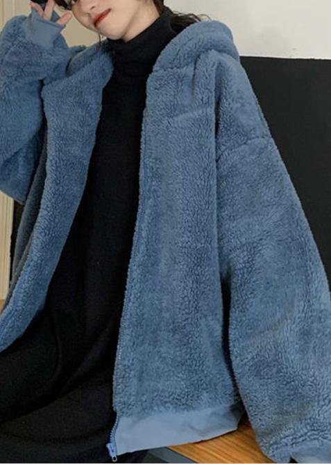 Fashion blue woolen overcoat Loose fitting mid-length coats hooded winter outwear - SooLinen