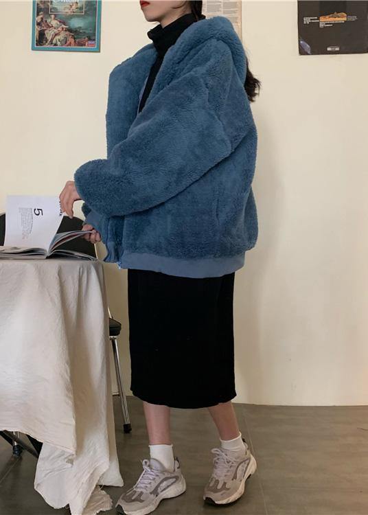 Fashion blue woolen overcoat Loose fitting mid-length coats hooded winter outwear - SooLinen