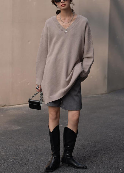 Fashion brown knit blouse v neck Loose fitting fall knitted blouse - SooLinen