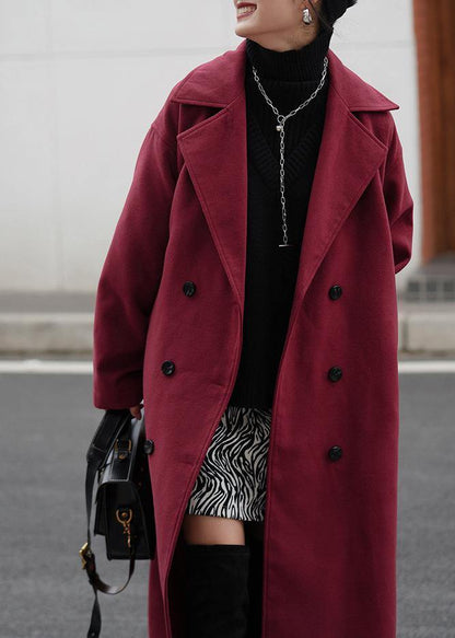 Fashion burgundy wool coat Loose fitting Notched double breast Coats outwear - SooLinen