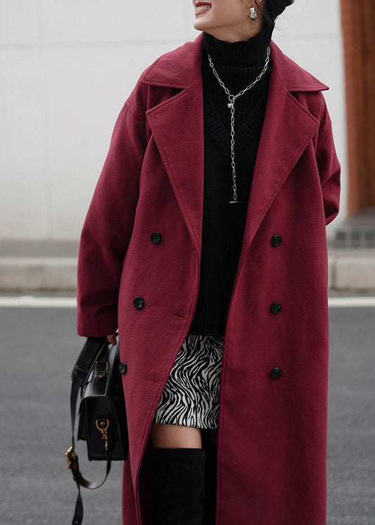 Fashion burgundy wool coat Loose fitting Notched double breast Coats outwear - SooLinen