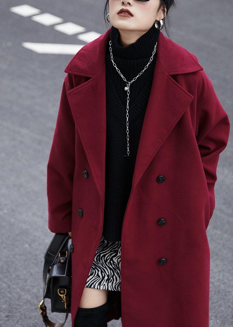 Fashion burgundy wool coat Loose fitting Notched double breast Coats outwear - SooLinen