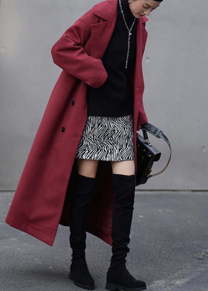 Fashion burgundy wool coat Loose fitting Notched double breast Coats outwear - SooLinen