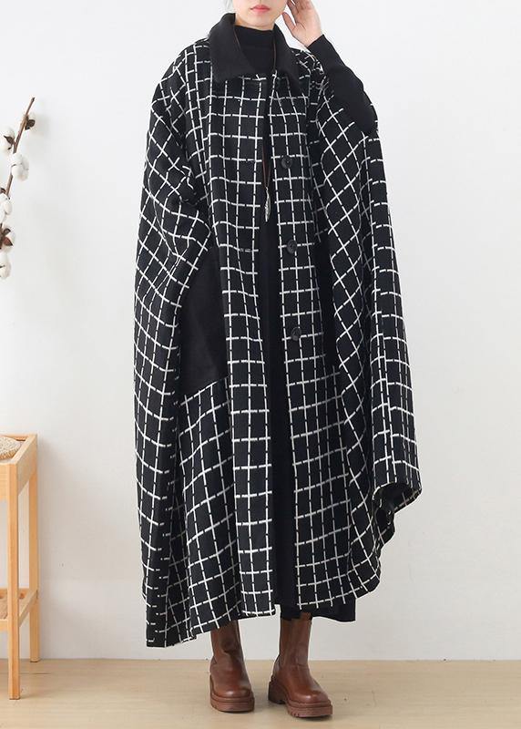 Fashion casual maxi coat outwear black white plaid lapel pockets Woolen Coats - SooLinen