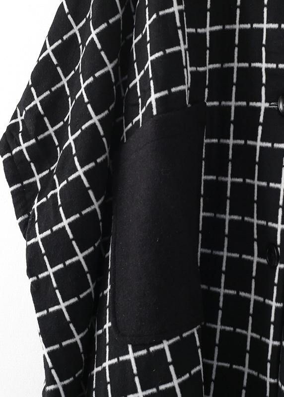 Fashion casual maxi coat outwear black white plaid lapel pockets Woolen Coats - SooLinen