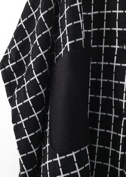 Fashion casual maxi coat outwear black white plaid lapel pockets Woolen Coats - SooLinen