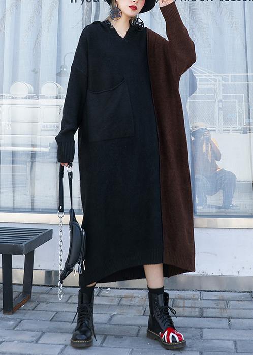 Fashion chocolate Sweater dress outfit Vintage hooded patchwork Art knit dresses - SooLinen