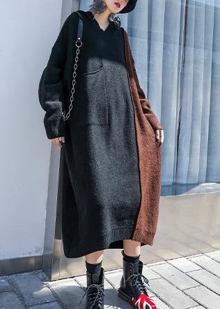 Fashion chocolate Sweater dress outfit Vintage hooded patchwork Art knit dresses - SooLinen