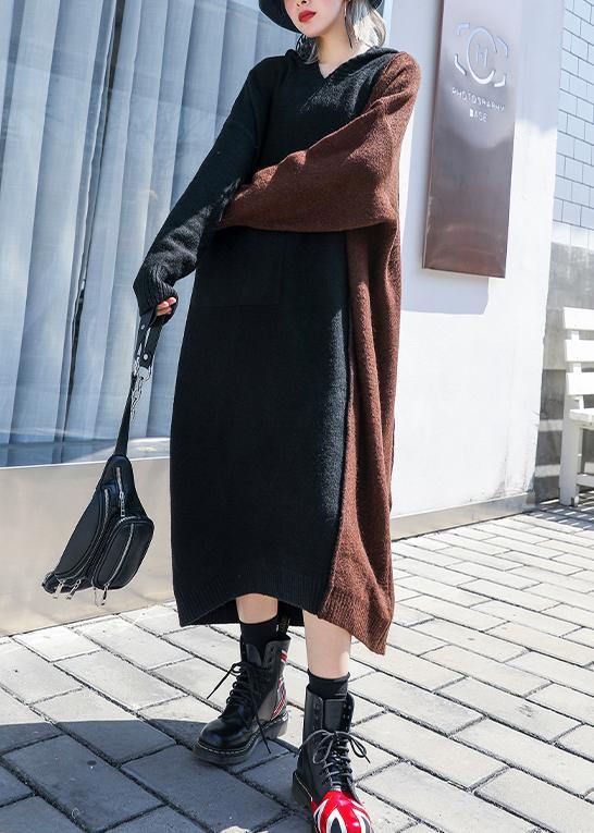 Fashion chocolate Sweater dress outfit Vintage hooded patchwork Art knit dresses - SooLinen