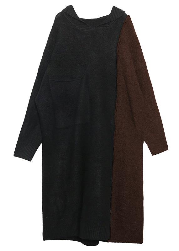Fashion chocolate Sweater dress outfit Vintage hooded patchwork Art knit dresses - SooLinen