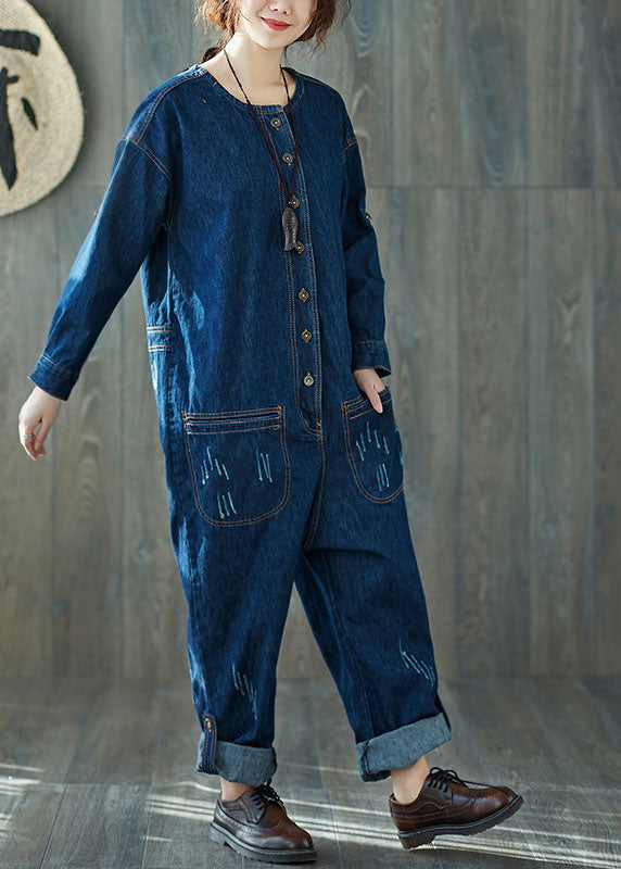 Mode dunkelblau O-Ausschnitt Taschen Denim Jumpsuits Frühling