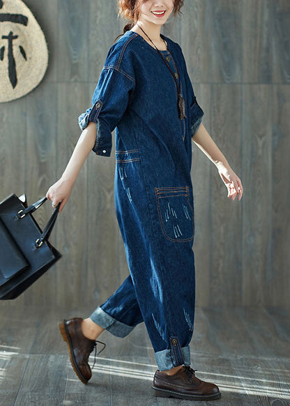 Mode dunkelblau O-Ausschnitt Taschen Denim Jumpsuits Frühling