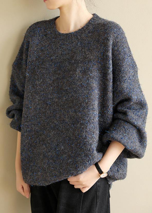 Fashion dark black gray knit tops long sleeve casual o neck knitwear - SooLinen