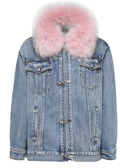 Mode denim blau Rosa pelz kragen Winter Ente Unten Jacke