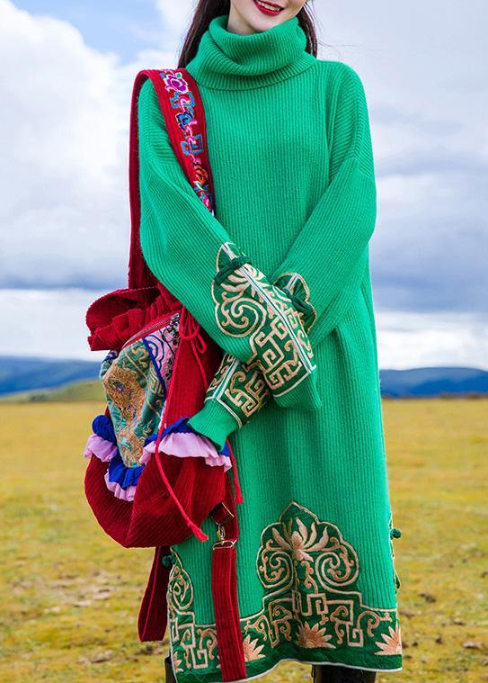 Fashion embroidery Sweater high neck weather Beautiful green oversized knit dresses - SooLinen