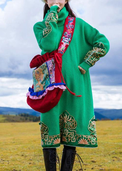 Fashion embroidery Sweater high neck weather Beautiful green oversized knit dresses - SooLinen