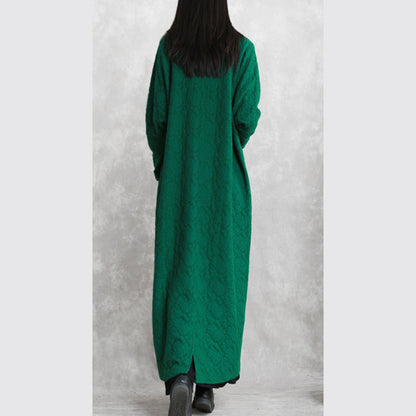 Mode grün Maxi Mantel lässig Stand Taschen Baumwolle Leinen Mantel Frauen Langarm Baggy Mantel