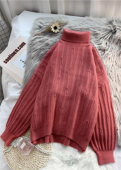 Fashion high neck  purpke redknit tops oversized cable knitted top - SooLinen