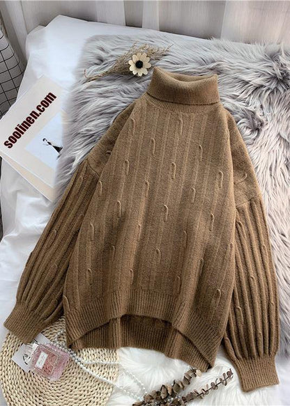 Fashion high neck  purpke redknit tops oversized cable knitted top - SooLinen