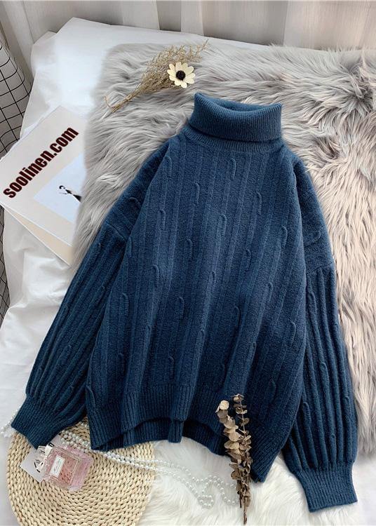 Fashion high neck  purpke redknit tops oversized cable knitted top - SooLinen