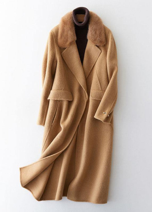 Fashion khaki woolen coats casual winter coat fur collar jackets tie waist - SooLinen
